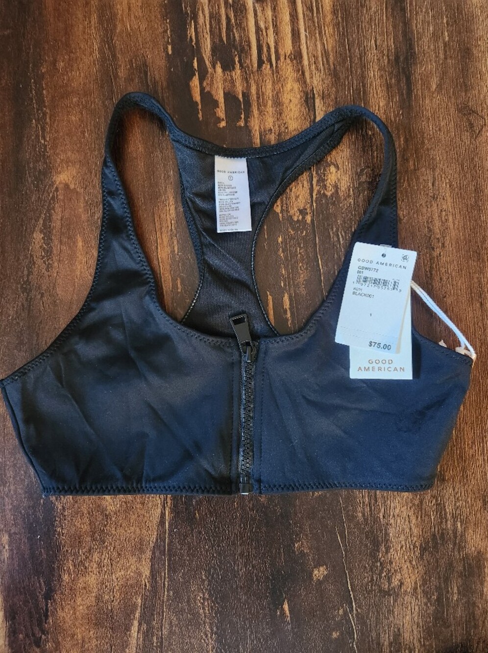 Good American Black Zip Front Compression Swim Top Size 1 NWT